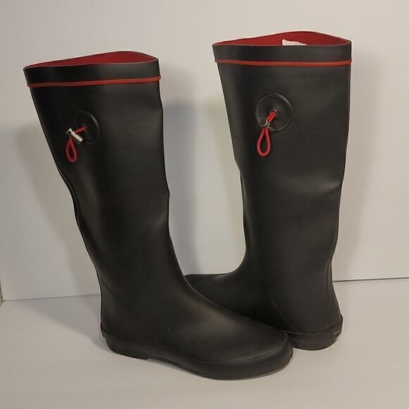 Henry Ferrera Tall Blk/Red Drawstring Rain Boots Ladies Size 8 - Picture 2 of 6